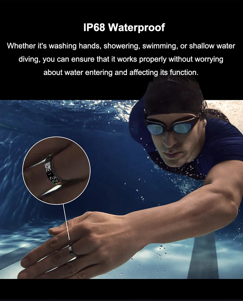 Sleek black waterproof smart fitness ring worn by a swimmer, showing an inset detail of the digital health display.