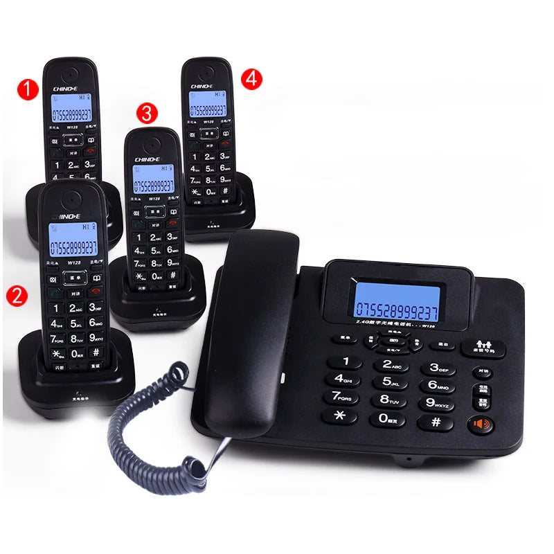 Black cordless phone set with base station, four handsets, and charging cradles. Features clear digital displays.