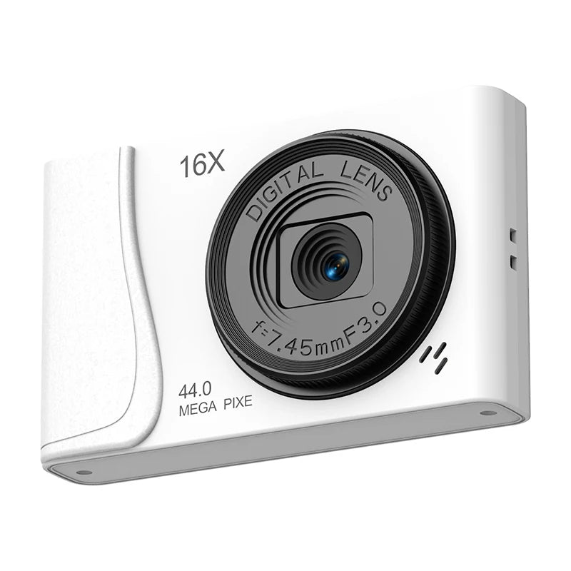 White plastic digital compact camera with a 16X zoom lens, 44 megapixel sensor, and black lens housing.