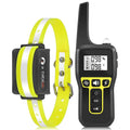 High-visibility yellow dog training collar with reflective stripe and black digital remote control.