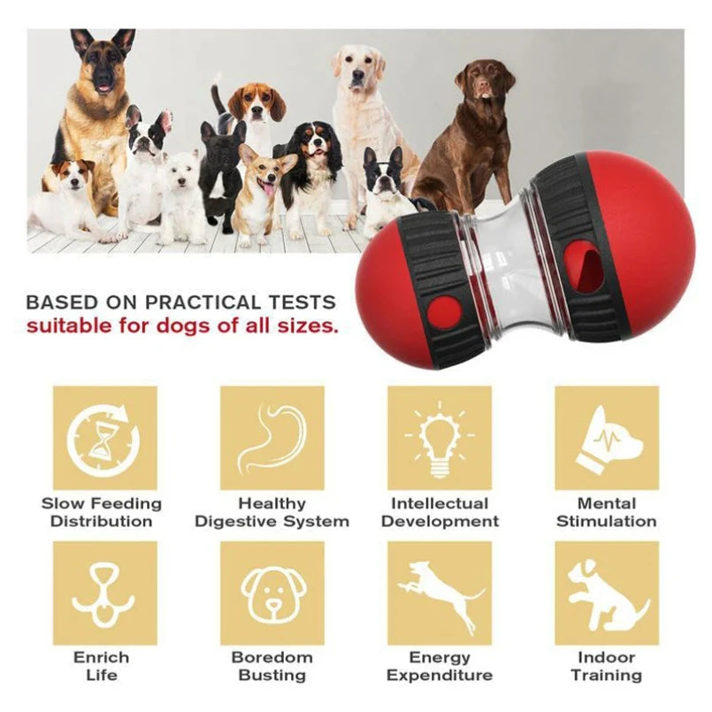 Red and black interactive dog treat toy with a group of various dog breeds and benefit icons underneath.