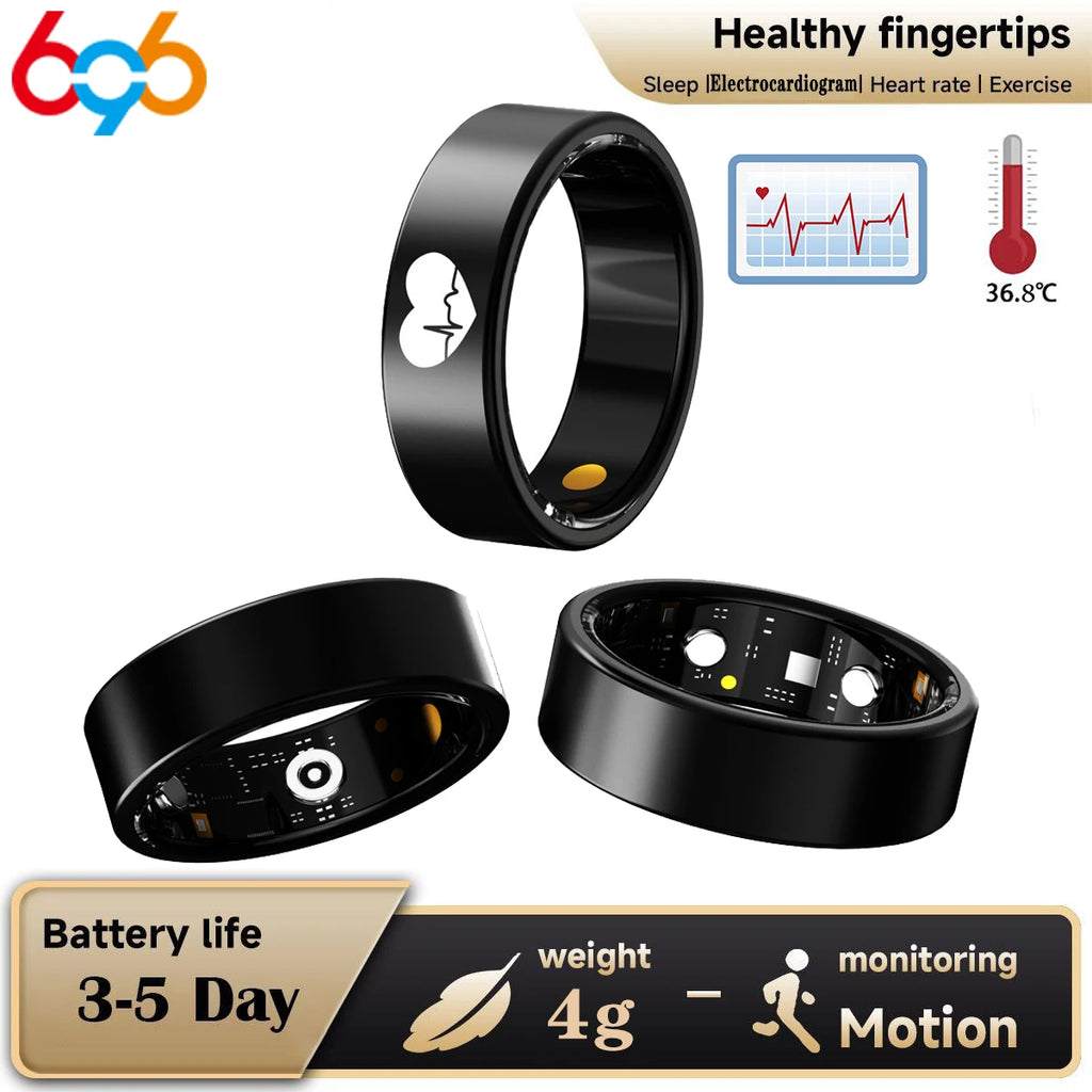 Sleek black smart health ring featuring heart rate, sleep, and motion tracking sensors with a 3–5 day battery life.