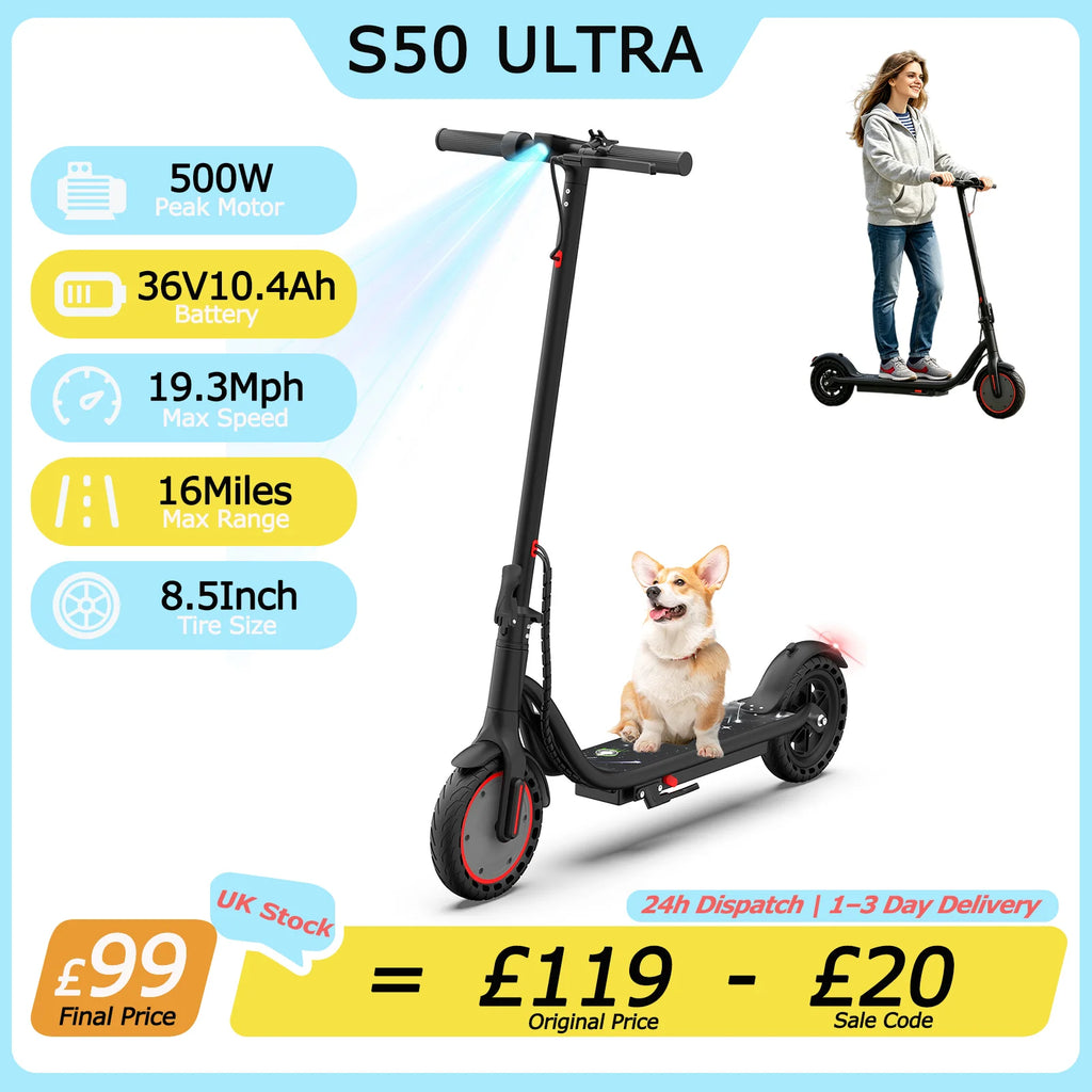 Black S50 Ultra electric scooter with 8.5-inch wheels, handle display, and promotional feature icons.