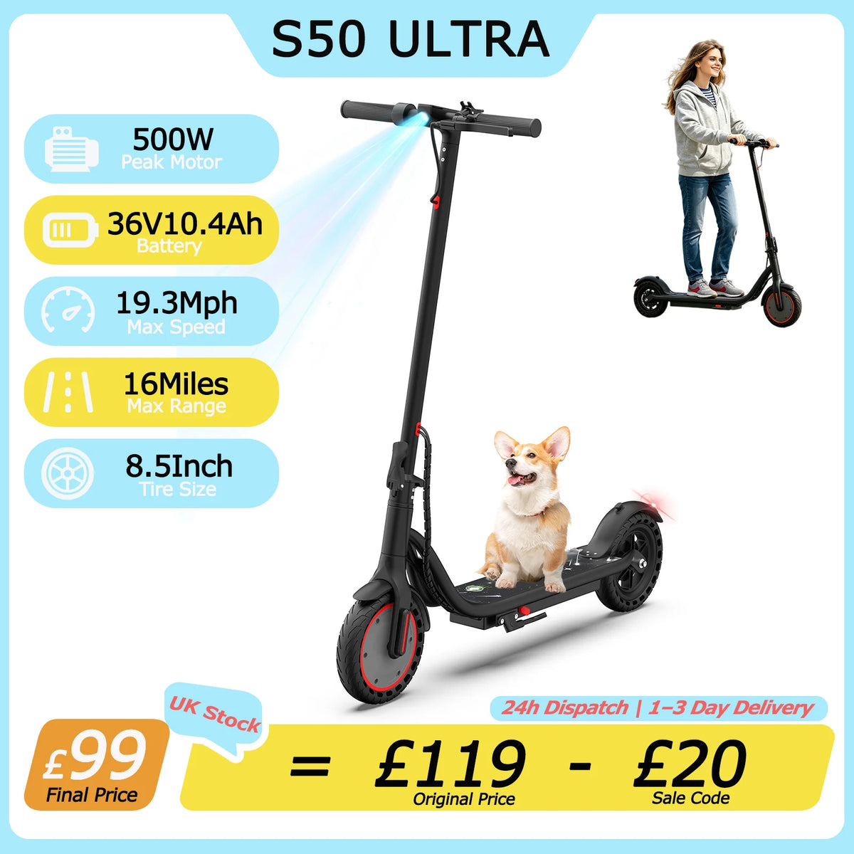 Black ATSANT S50 ULTRA electric scooter with red wheel accents, display panel, and specs icons on the left.