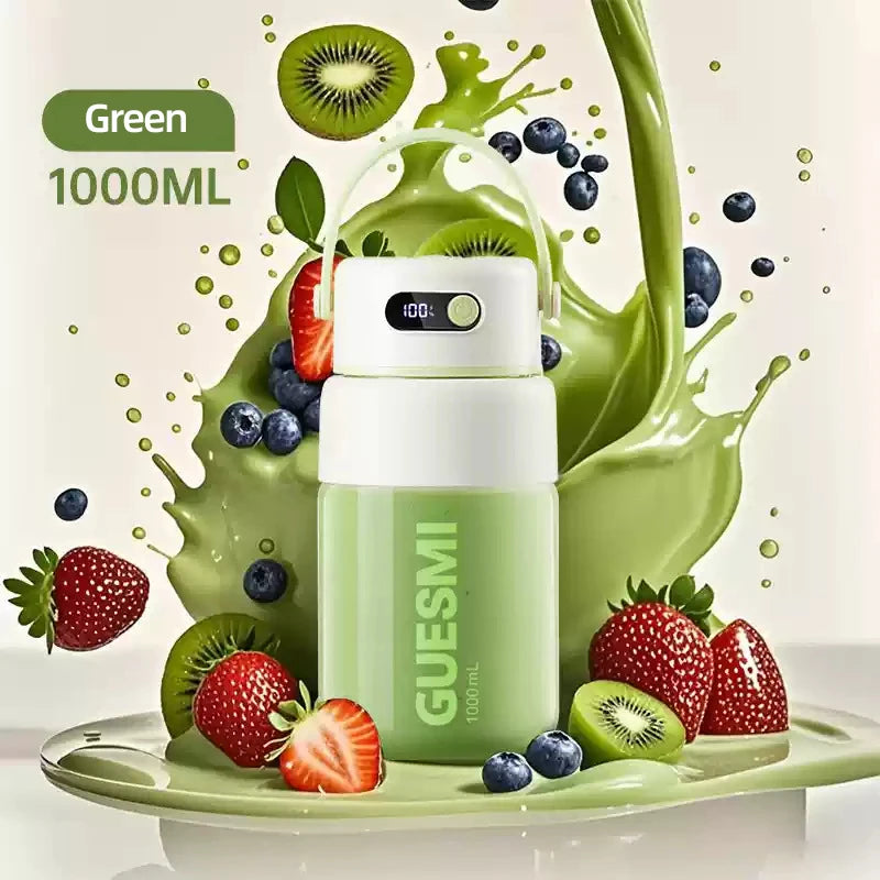 A 1000ml light green portable blender with a carrying handle, digital display, surrounded by fresh fruit and splashes.
