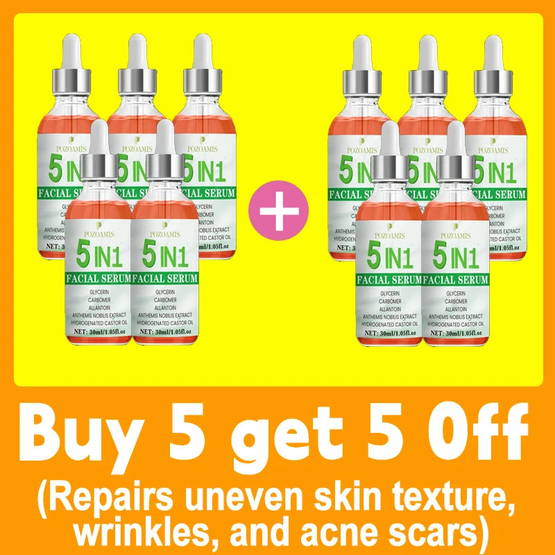 Ten bottles of 5-in-1 facial serum with dropper lids, shown in a promotional bundle offer for clear skin.