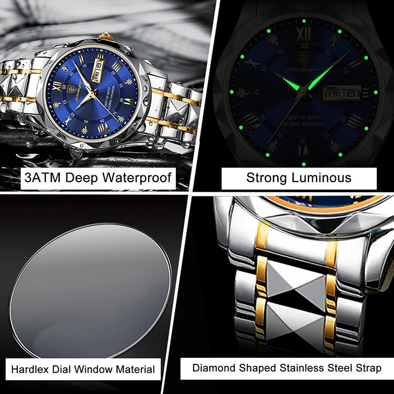 POEDAGAR men's quartz watch features a blue dial, gold accents, and a two-tone stainless steel strap.