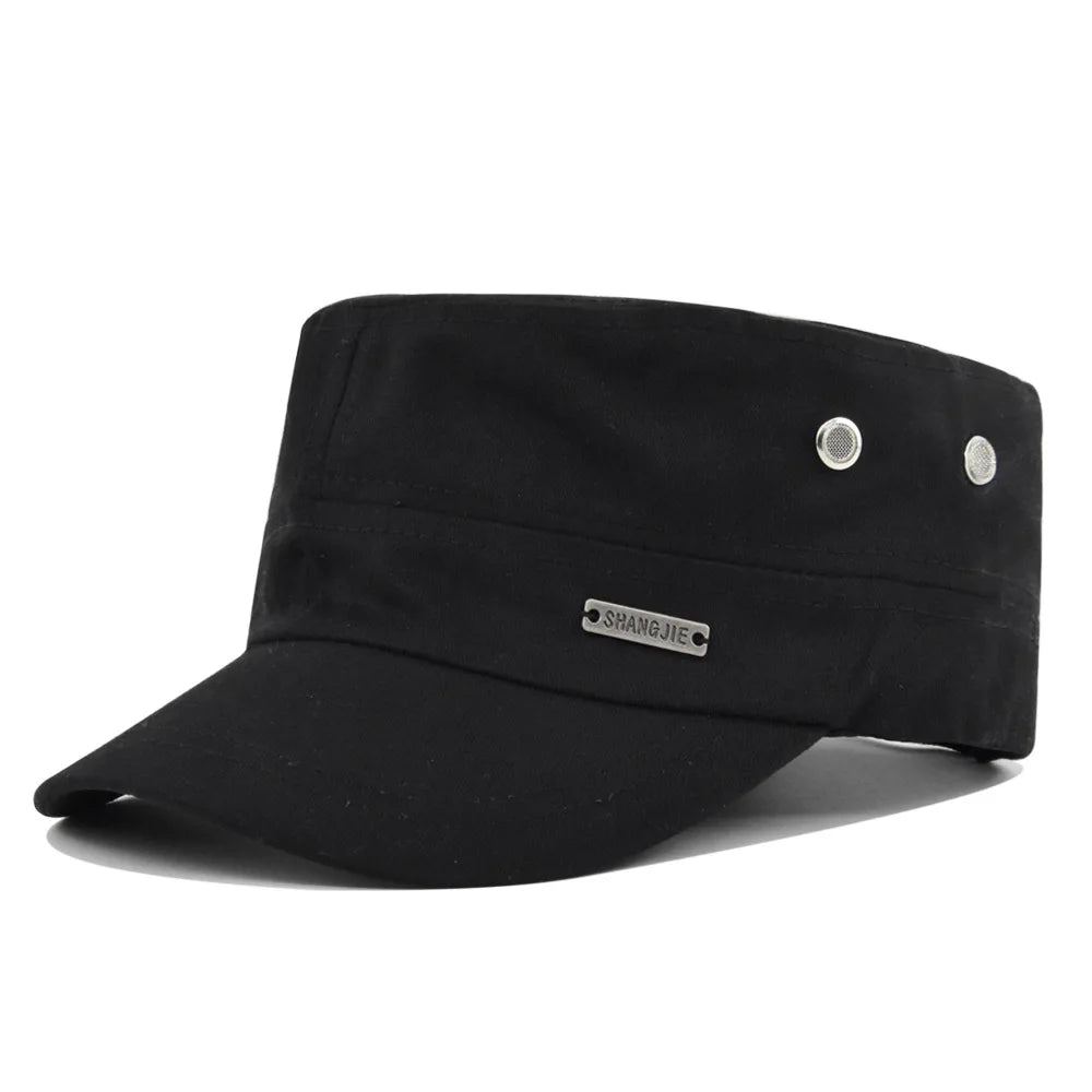 Black unisex military-style flat cap with a curved peak and side ventilation eyelets.