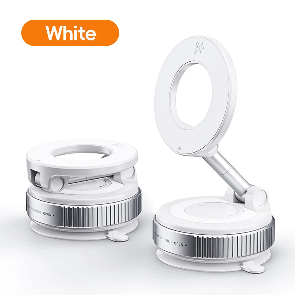 White folding ring light stand with a circular base, metallic silver trim, and adjustable arm in folded and open states.