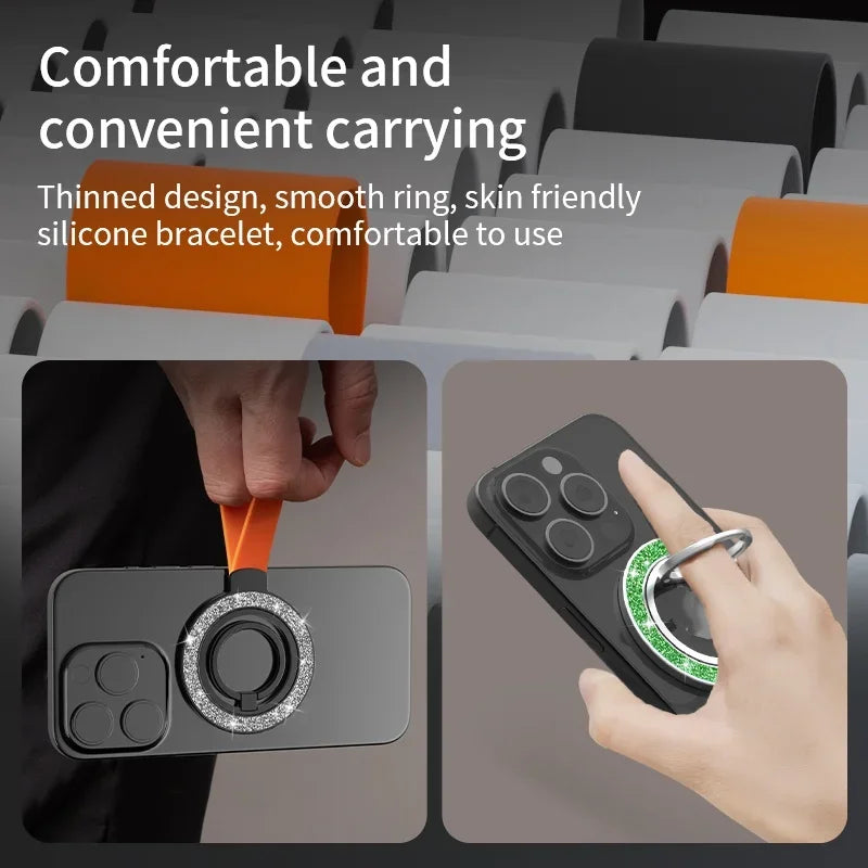Smartphone ring holder with sparkly circular design, silicone strap, and metallic ring for secure, comfortable carrying.