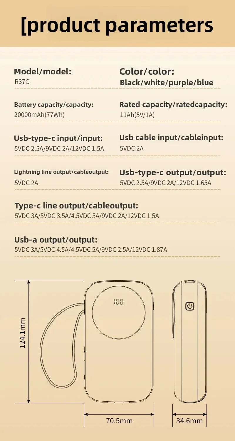 Technical diagram of a 20000mAh portable power bank with a digital display, wrist strap, and multiple cable outputs.