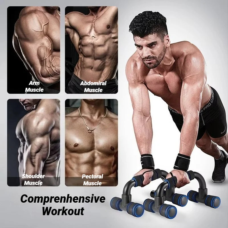 Man performing push-ups using black and blue push-up stands, with insets showing targeted arm, ab, and chest muscles.