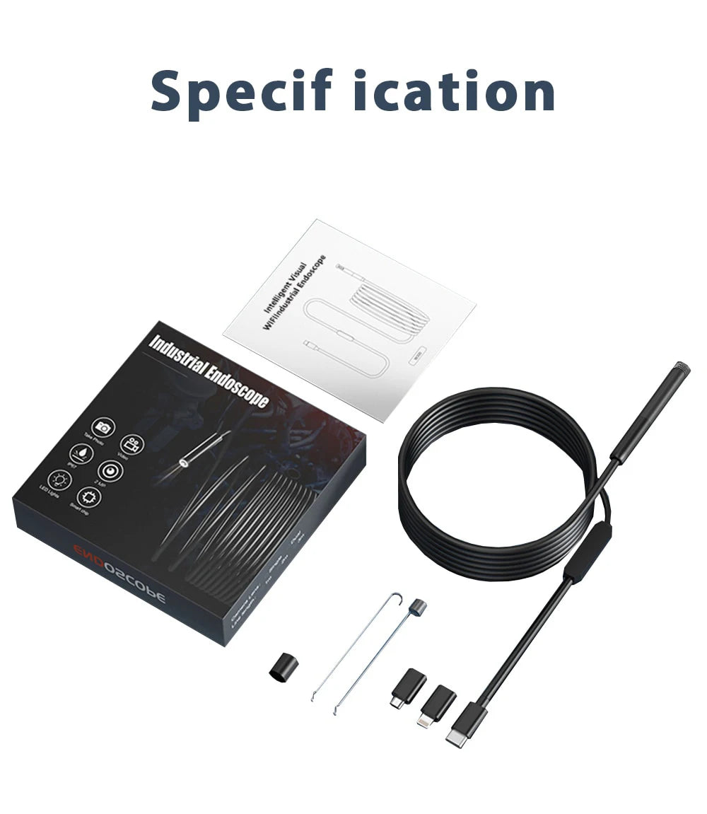 HD industrial inspection camera with coiled black cable, instruction manual, and various mobile device adapters.