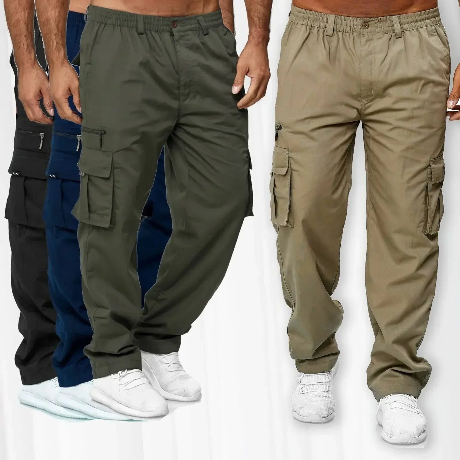 Men’s casual workwear cargo trousers with elasticated waists and multiple side pockets, in black, navy, olive and beige.