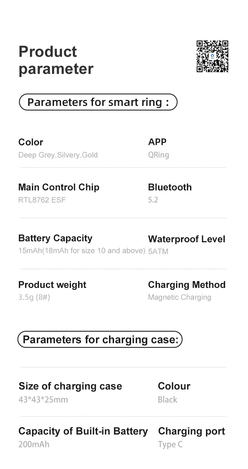 Specification table for a smart health ring, available in deep grey, silver, or gold with a magnetic charging case.