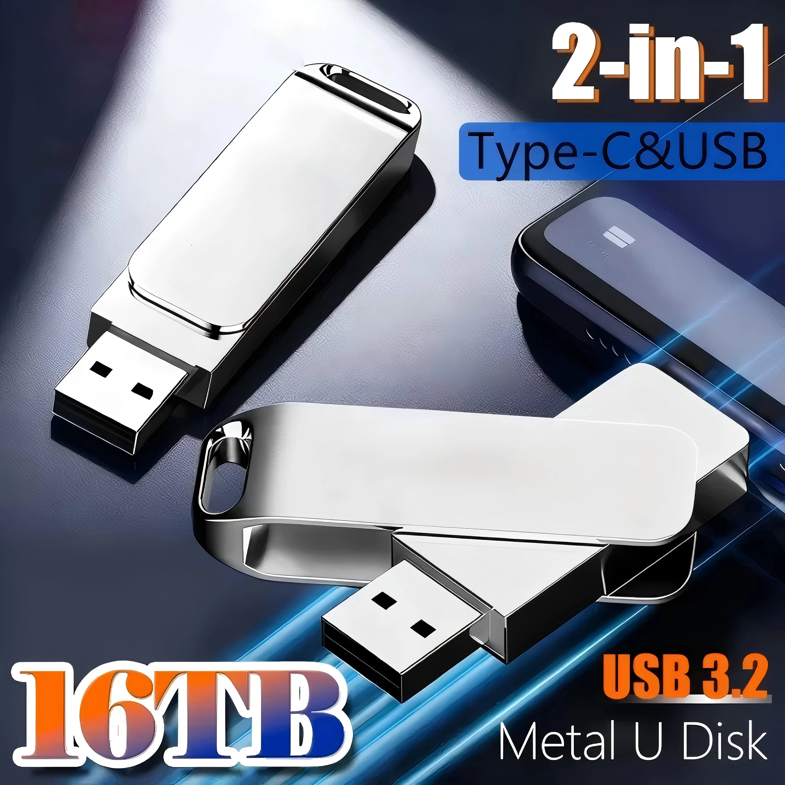 Two sleek, silver metallic 16TB 2-in-1 flash drives with USB-A and Type-C connectors on a dark reflective surface.