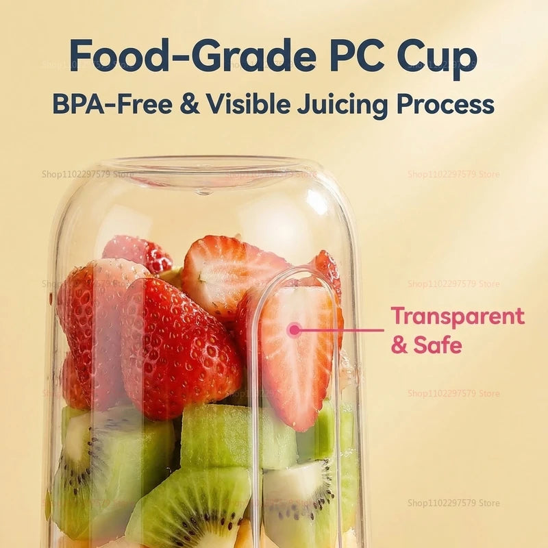 A clear, food-grade plastic cup filled with sliced strawberries and kiwi pieces, designed for blending.