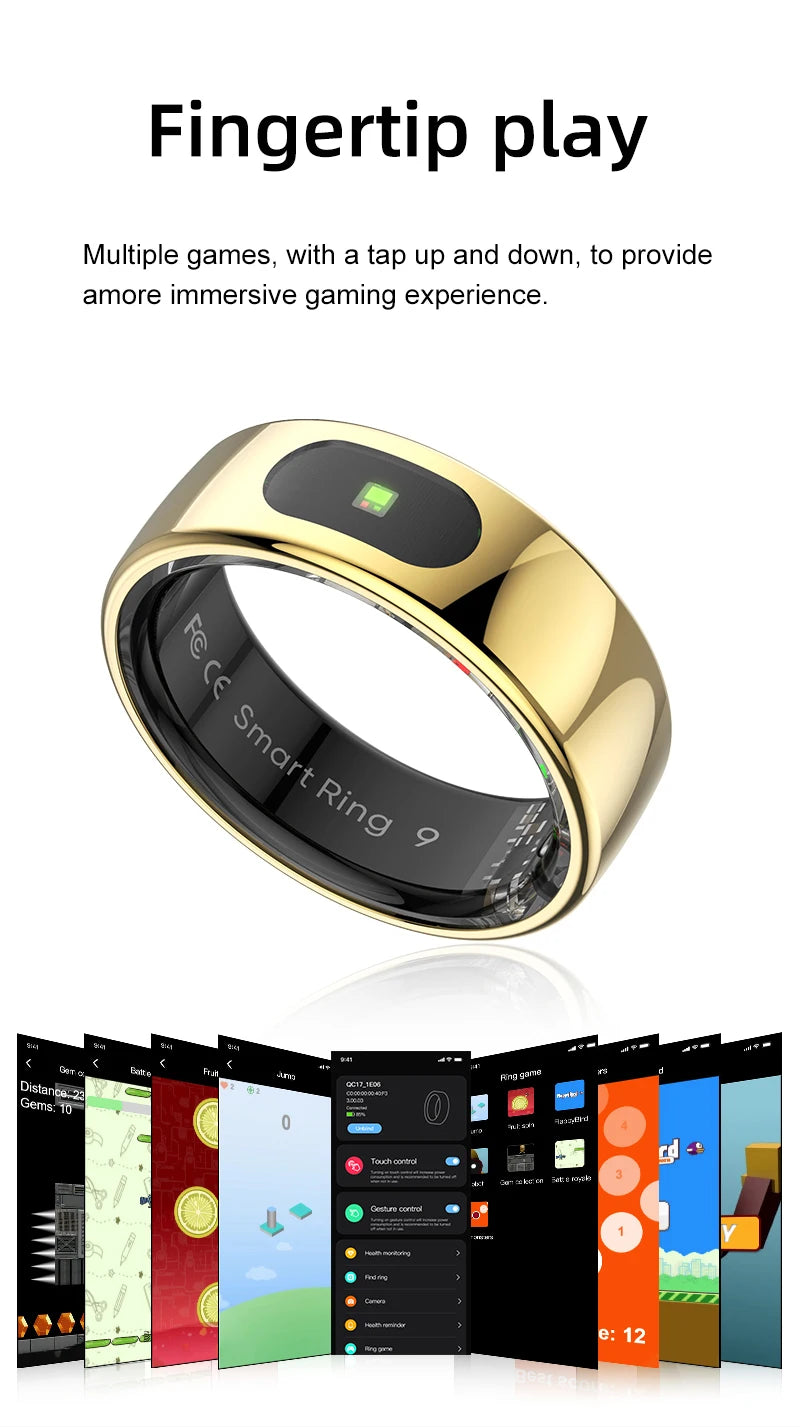 Sleek gold smart health ring with heart rate and sleep tracking, plus gesture-controlled gaming features.