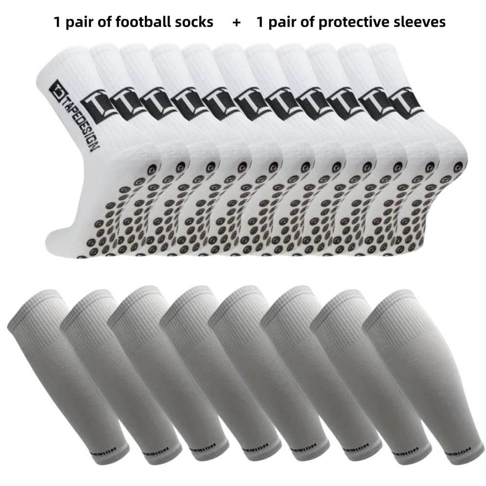 White grip football socks with black sole studs, paired with light grey protective calf sleeves for sports.