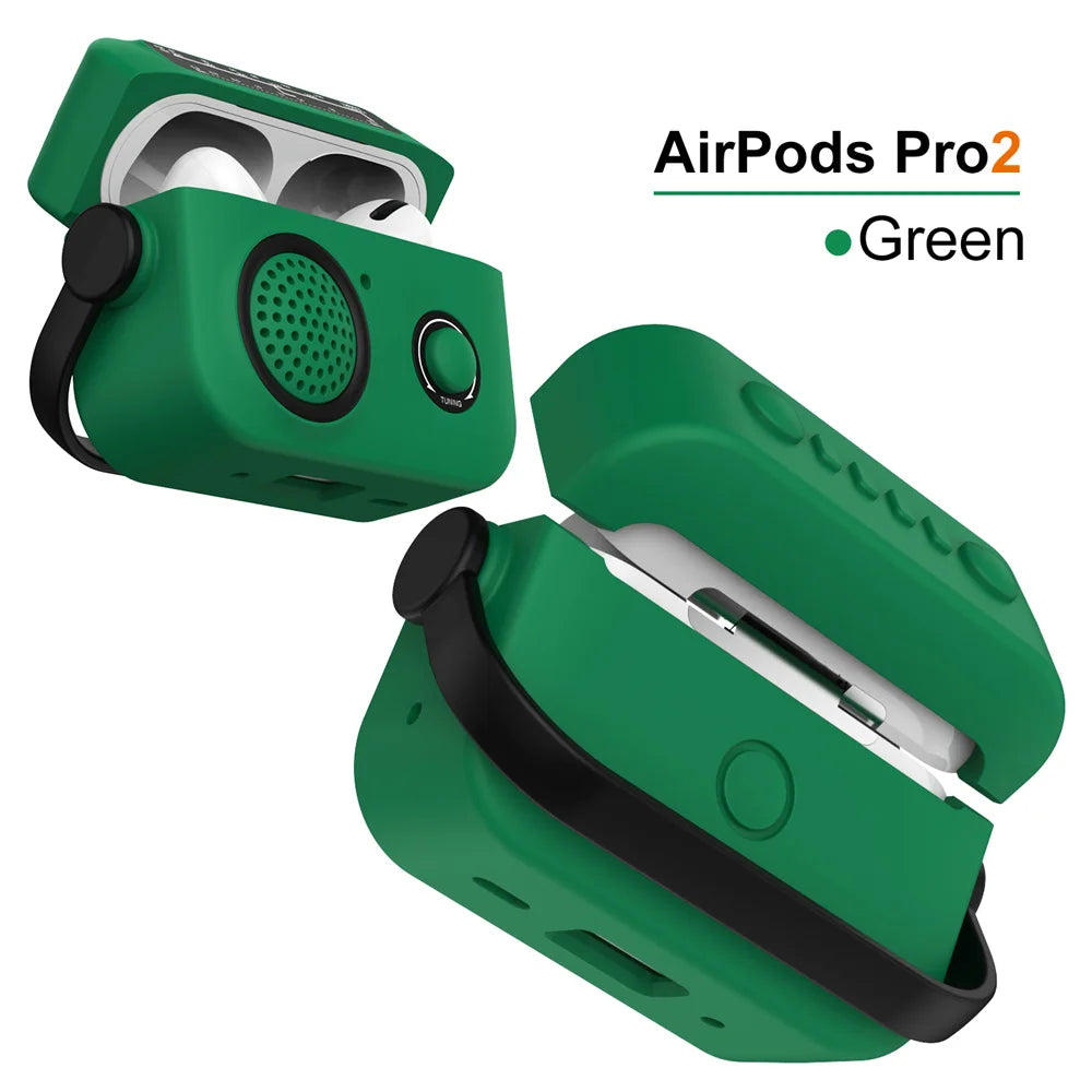Green retro radio-style silicone case for Apple AirPods Pro 2 with a black carrying handle.
