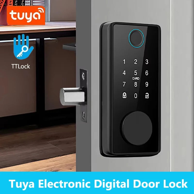 Black electronic smart door lock with a glass touch keypad, fingerprint scanner, and metallic latch.
