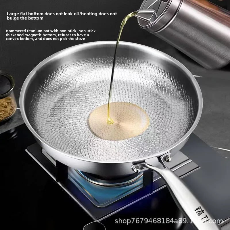 Oil being poured into a textured titanium frying pan on a stovetop, with descriptive text overlay.