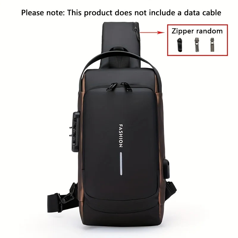 Black waterproof anti-theft sling bag with a USB charging port and integrated combination lock for added security.