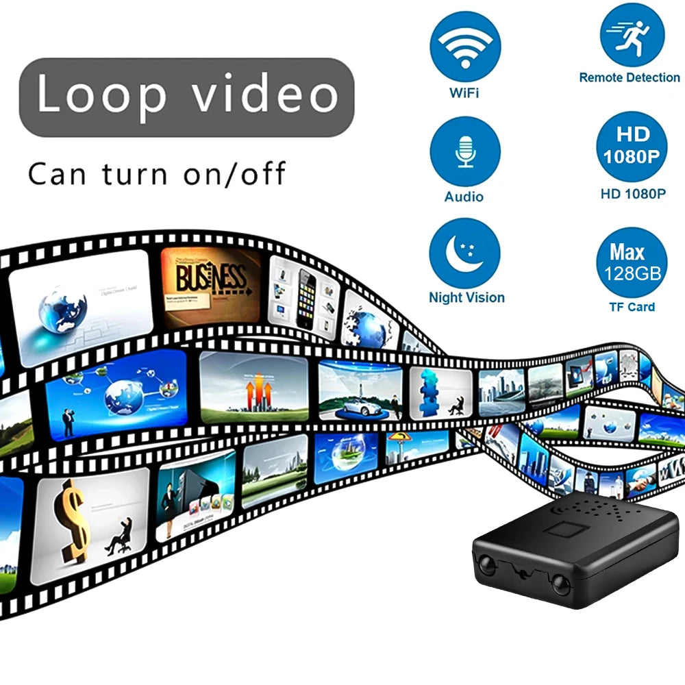 Small black plastic security camera featuring WiFi, HD 1080p recording, audio, night vision, and TF card support.