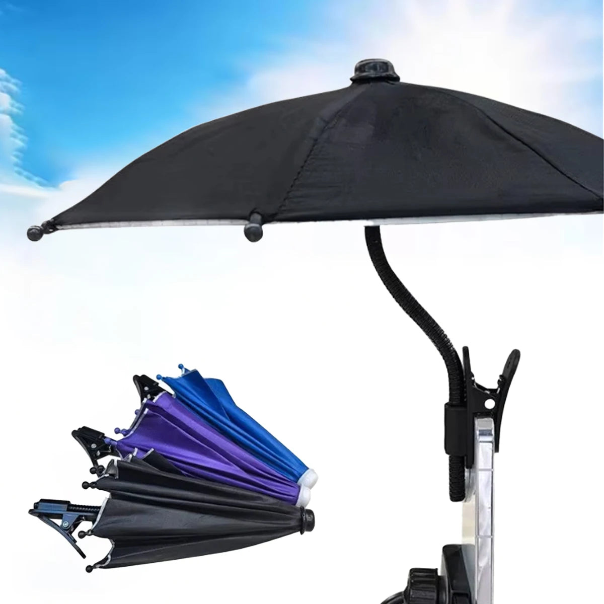 Black mini sun umbrella with a flexible neck and sturdy clip, shown open and in various folded colours against a sky.