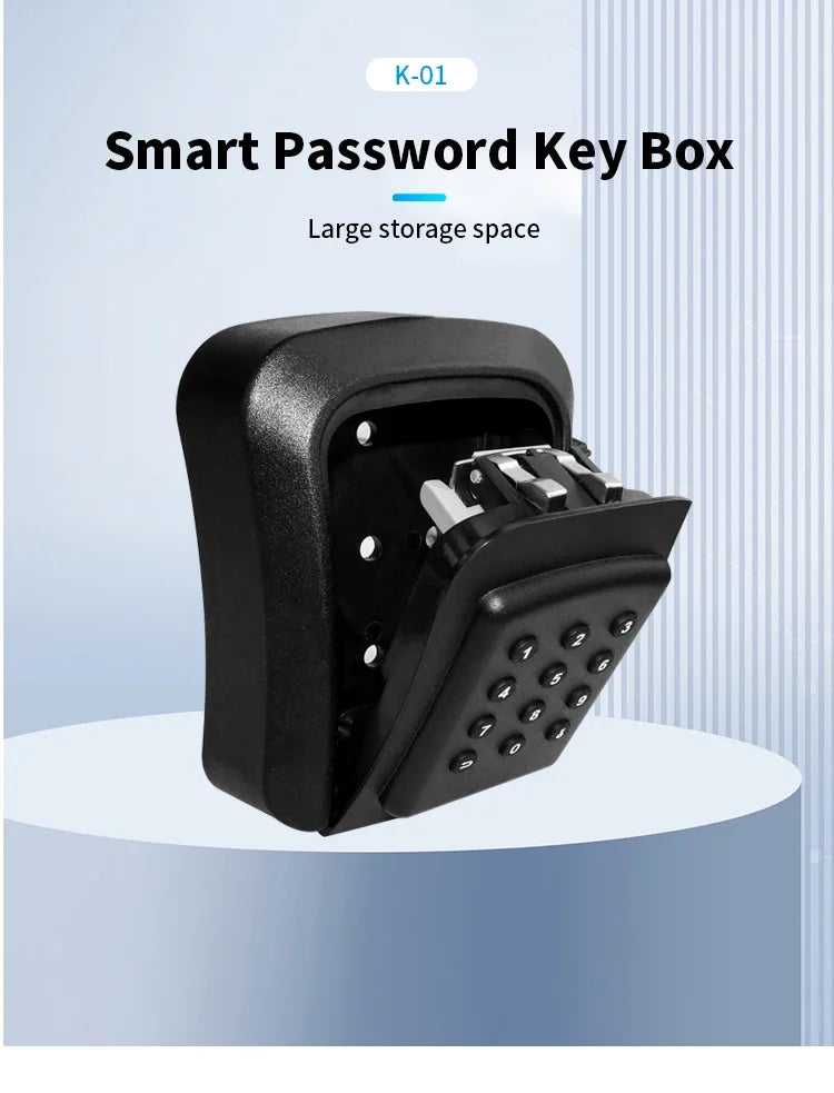 Black metal wall-mounted key lock box with a numeric keypad and hinged opening door.