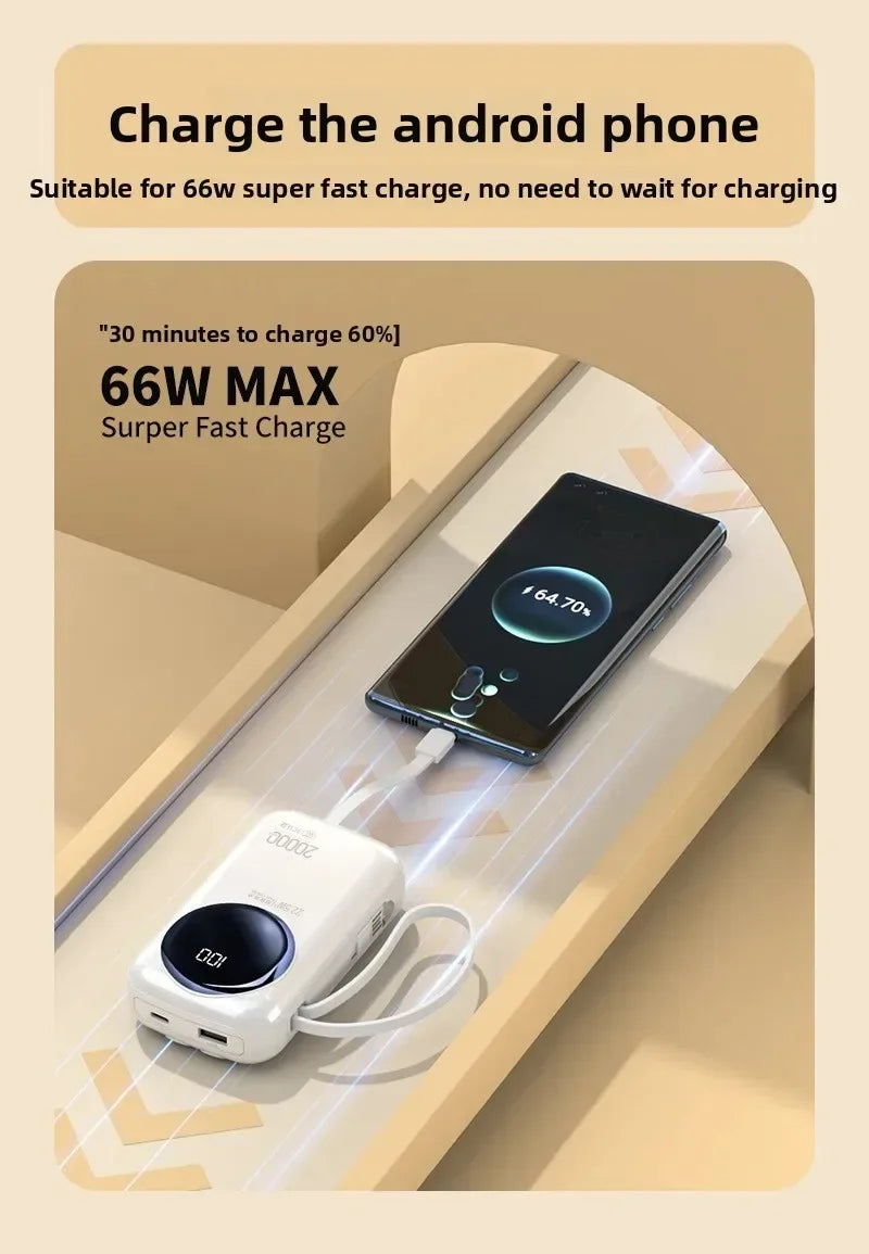 White 20000mAh portable power bank with a digital display, built-in cable, and fast charging a smartphone.