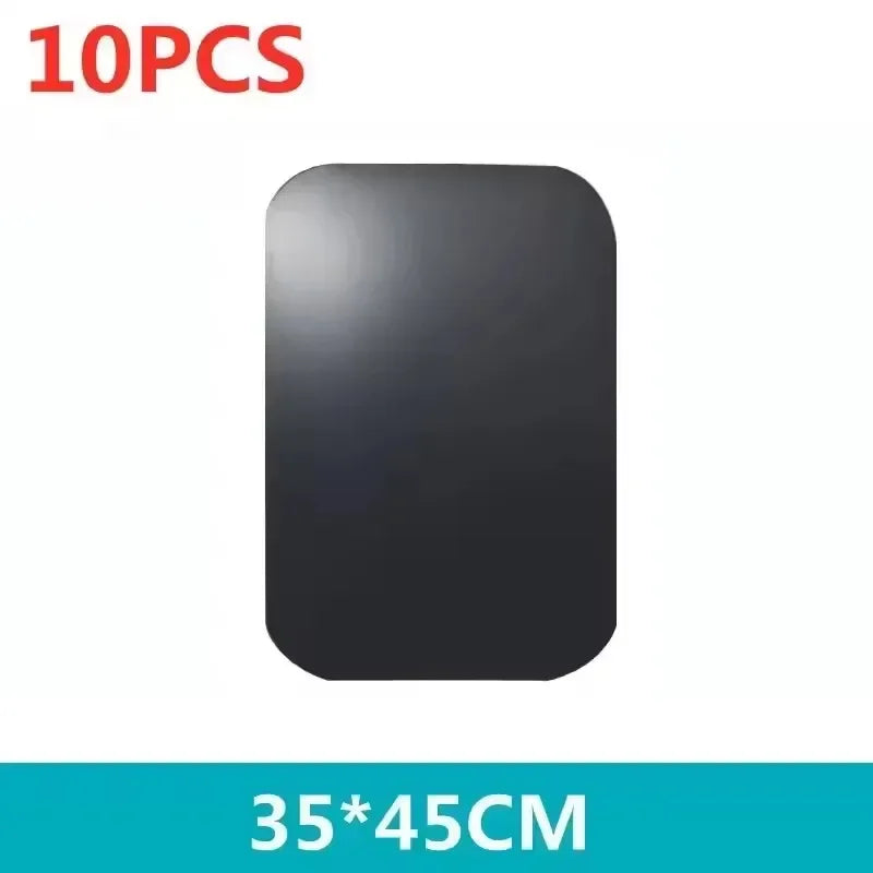 Pack of 10 rectangular black magnetic sheets, 35x45cm each, with rounded corners and a smooth finish.