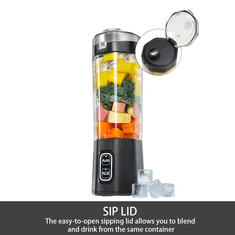 Black portable blender with fruit and kale inside, featuring an open sipping lid and auto/pulse control buttons.