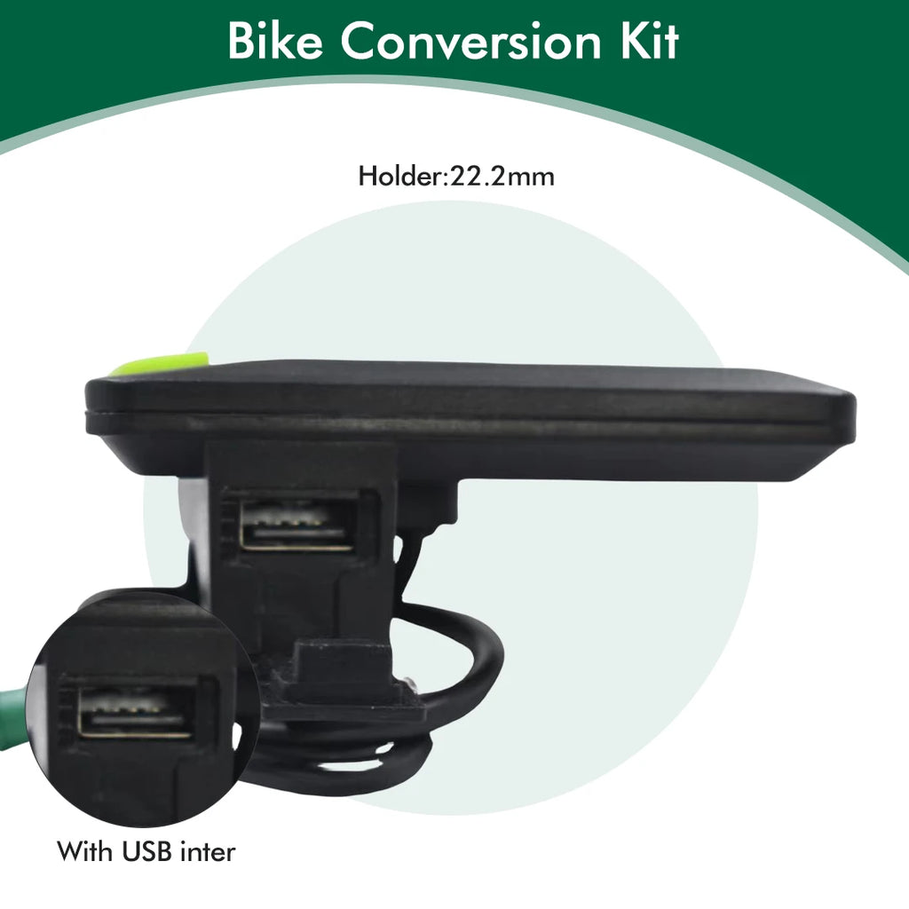 Black electric bike LCD display meter with a 22.2mm holder, green button, and USB port.