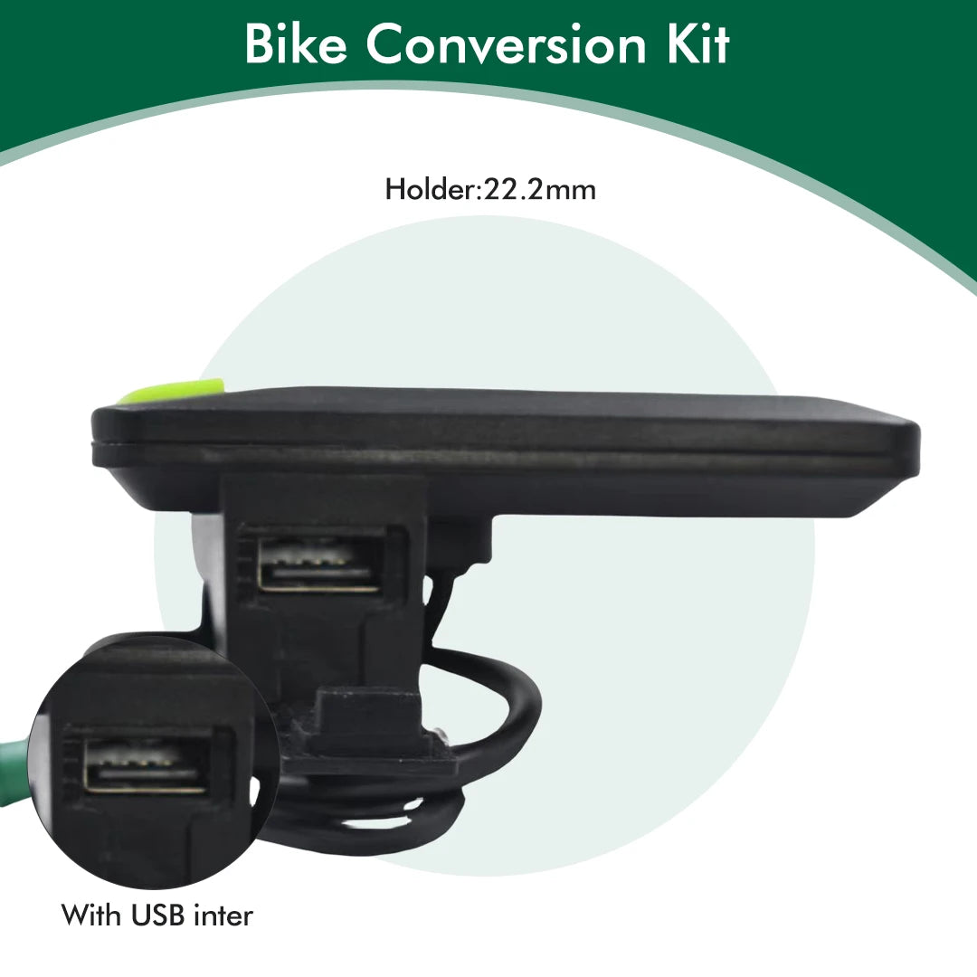 Black electric bike LCD display meter with a 22.2mm holder, green button, and USB port.