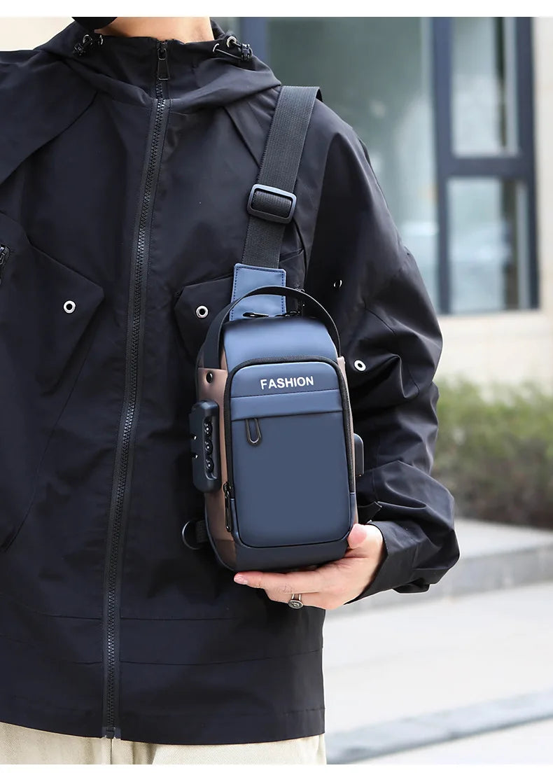 Navy blue anti-theft sling bag with a combination lock and USB charging port, worn across the chest.