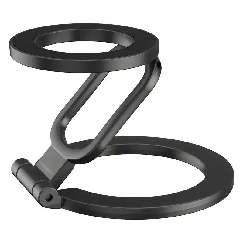 Matte black foldable phone ring stand with a two-ring, hinged design, isolated on a white background.