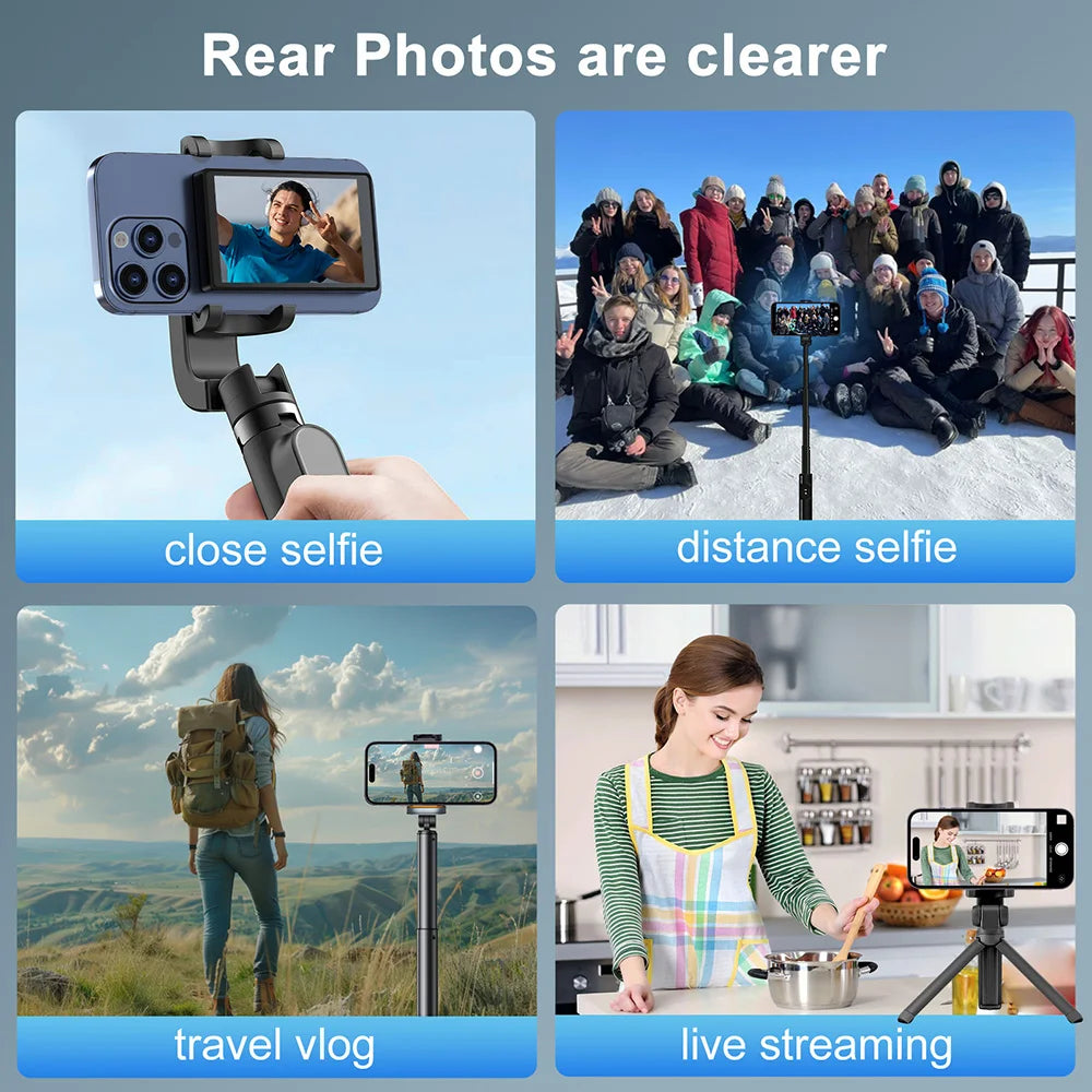 Black extendable phone tripod and selfie stick with adjustable mount for vlogging, group photos, and live streaming.