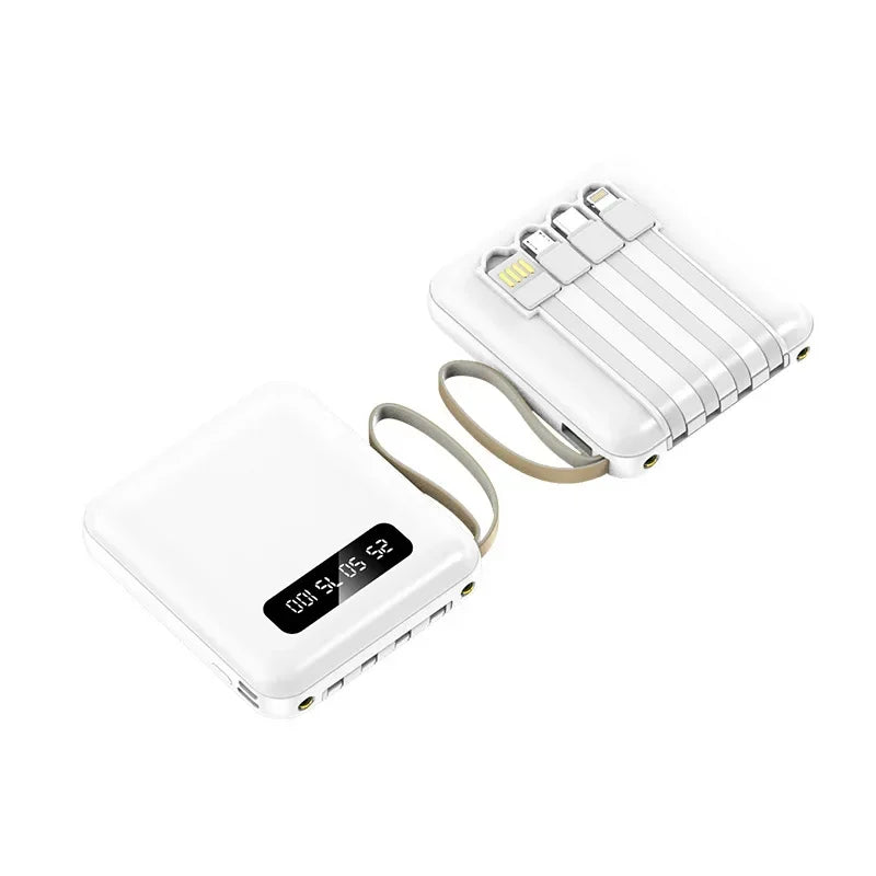 Two white mini power banks: one shows an LED battery display, the other features built-in integrated charging cables.