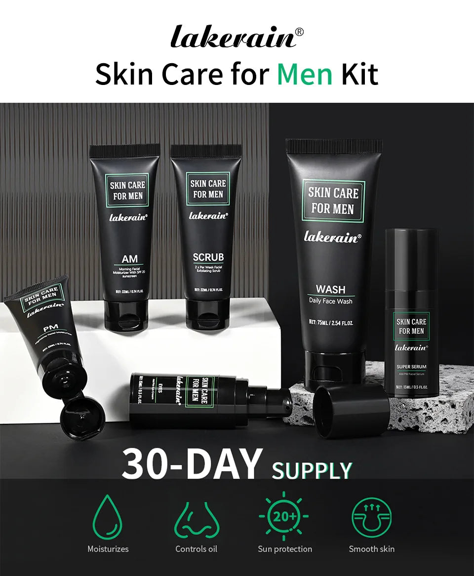 Complete men's skincare set featuring black tubes and bottles for daily wash, scrub, serum, and moisturisers.