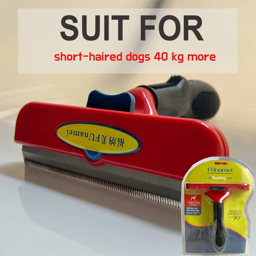 Red and black de-shedding tool for large short-haired dogs, with a wide metal blade and ergonomic rubber grip handle.