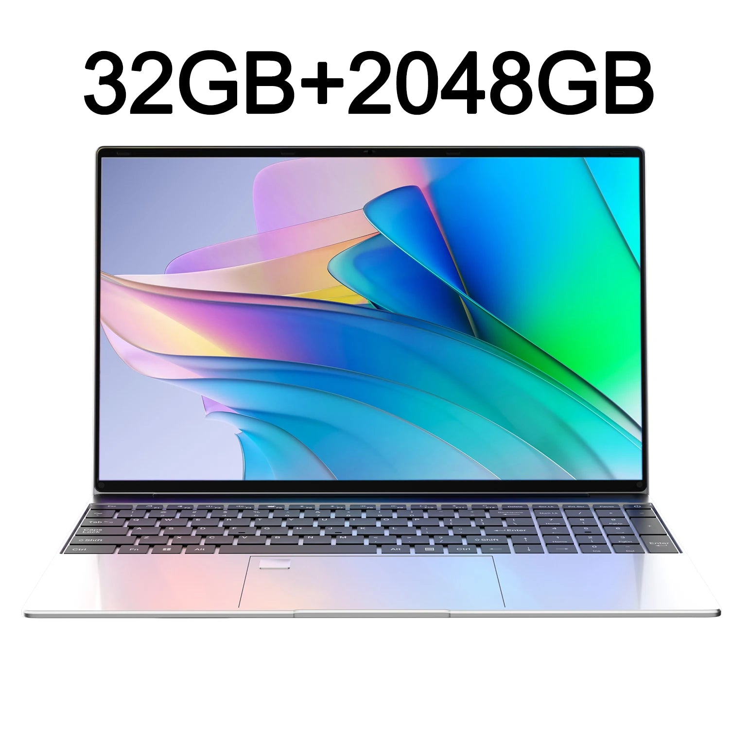 Sleek 15.6-inch silver laptop with a slim-bezel display, 32GB RAM, 2TB SSD, and Windows 11.