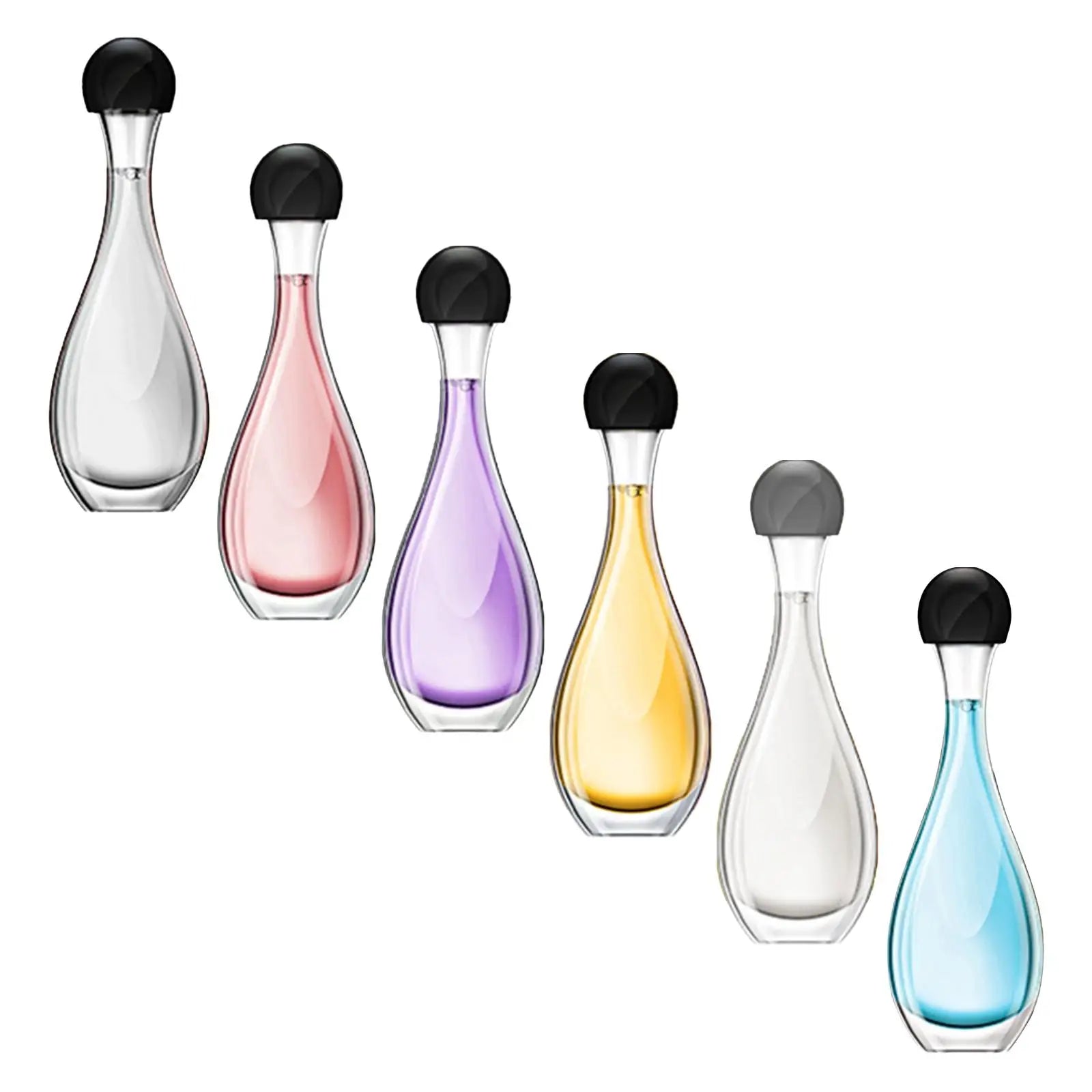 Set of six elegant, teardrop-shaped perfume bottles with black caps, containing clear and colourful scented liquids.
