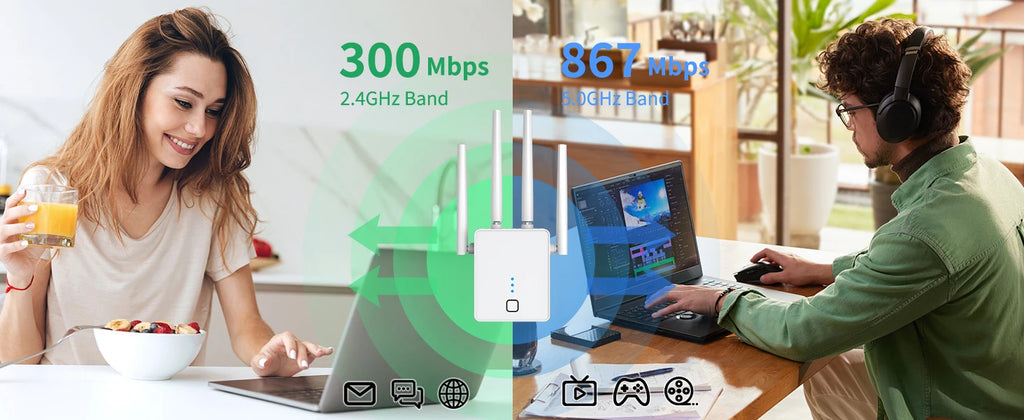 White 1200Mbps dual-band WiFi extender with four antennas, showing signal coverage for home devices.