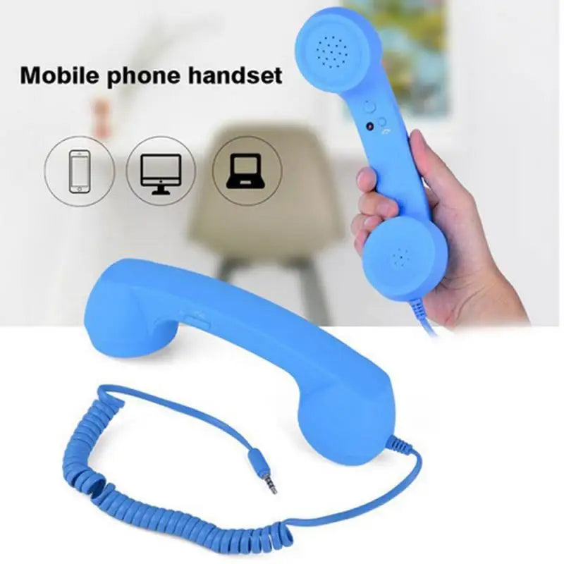 Bright blue retro-style mobile phone handset with a coiled cable and 3.5mm jack for smartphones and computers.