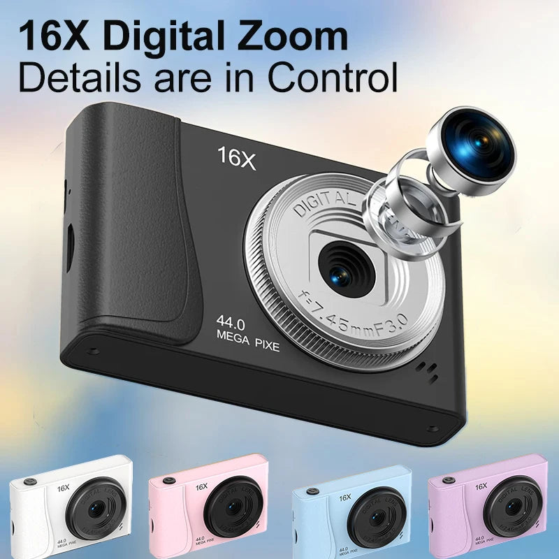 Black digital camera with 16x zoom and 44MP lens, shown with floating lens detail and four additional color options.