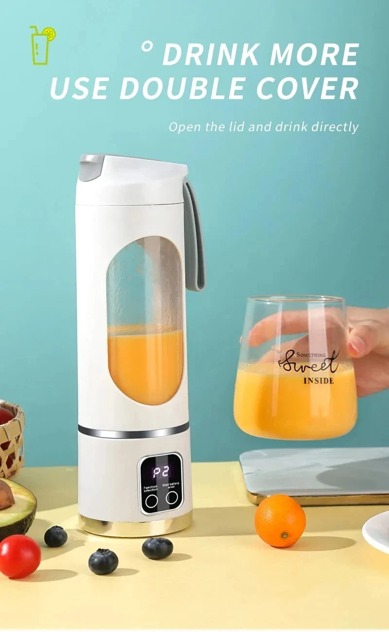 A portable white electric blender with a digital display and clear window, held next to a glass of orange juice.
