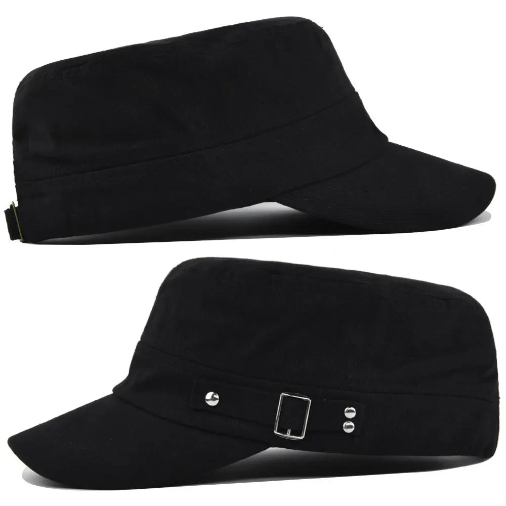 A black, unisex military-style flat cap with a curved peak, side buckle detailing, and silver-tone accents.