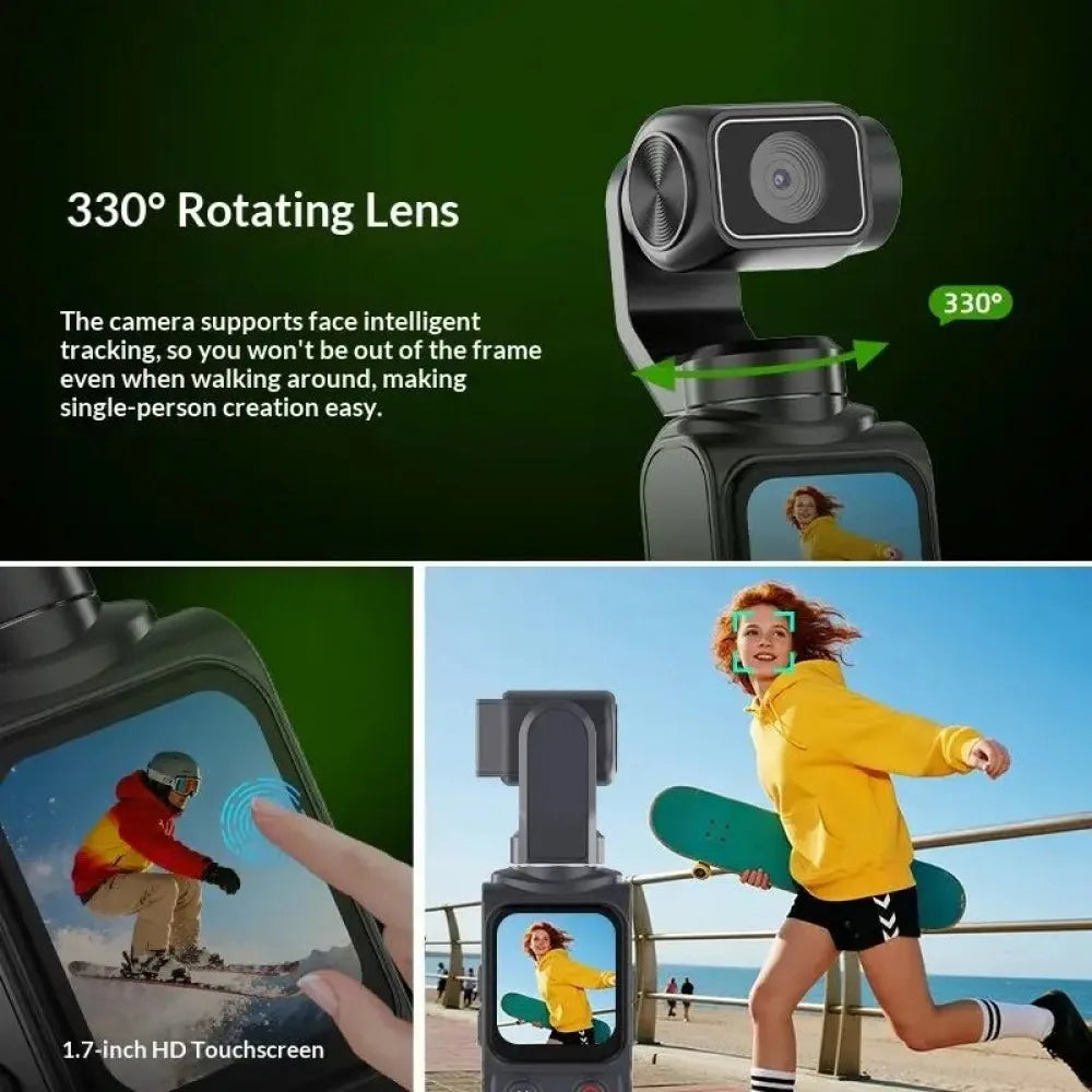 Black handheld gimbal camera with 330-degree rotating lens and a 1.7-inch integrated touchscreen display.