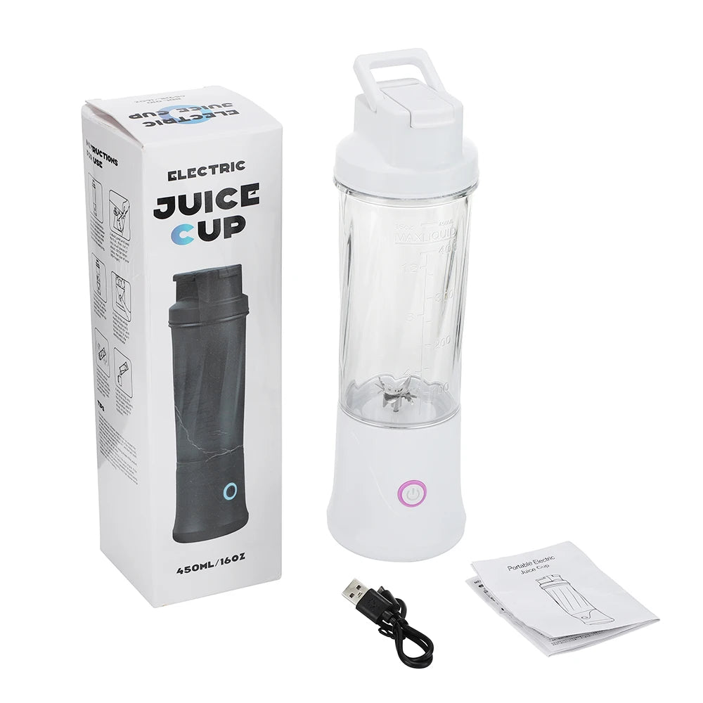 Portable white electric blender cup with a clear 450ml bottle, charging cable, and instruction manual in its box.